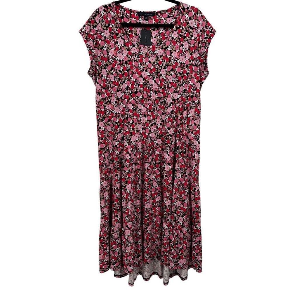 Tommy Hilfiger Floral Midi High Low‎ Hem Knit Dress Pink/Black Size XL NWT